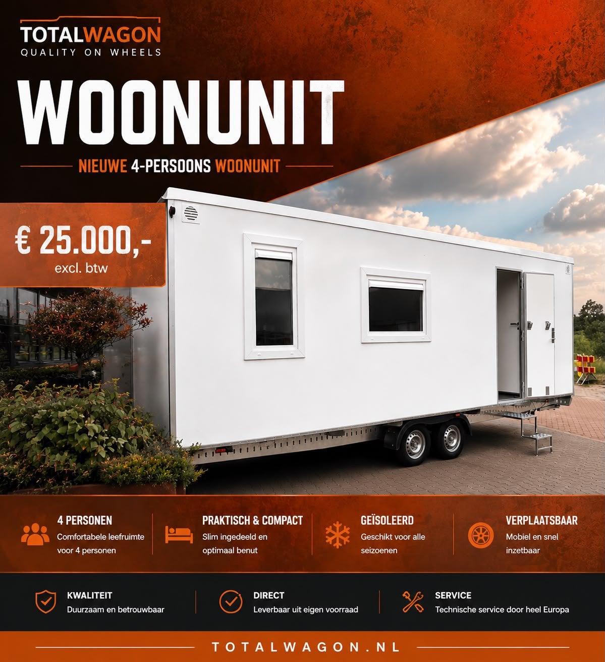 Nieuwe mobiele 4 pers woonunit spotprijs € 25000 ex, Ophalen, Nieuw, Stirlingstraat 5 Beek, Info@totalwagon.nl