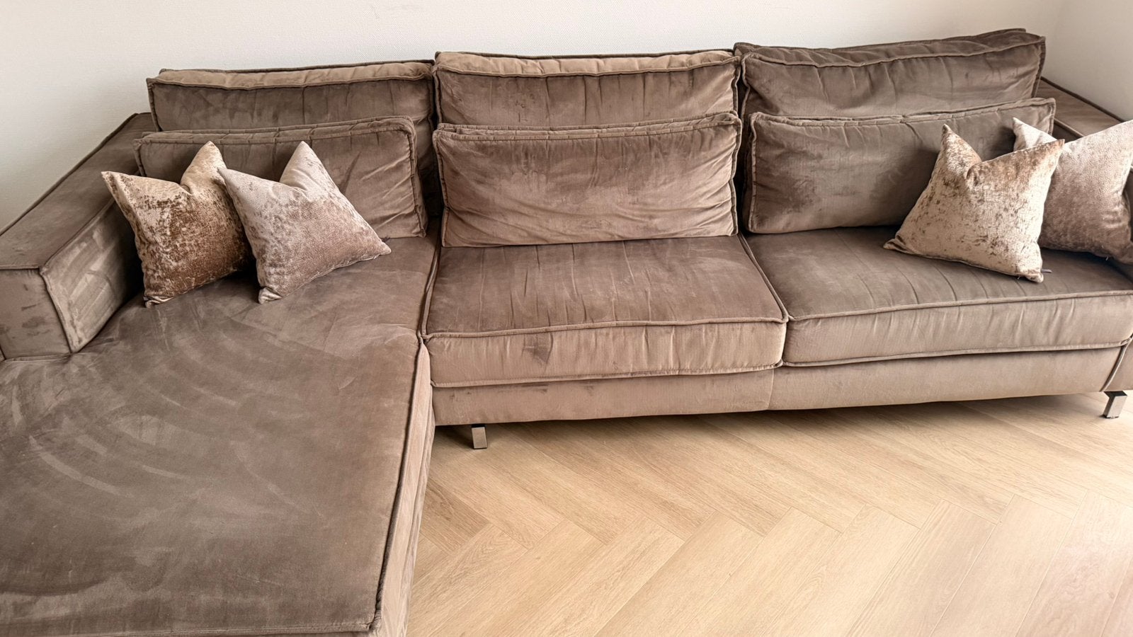 Luxe taupe/beige hoekbank – ruim & comfortabel, Ophalen, Zo goed als nieuw, Stof, Luxe hoekbank