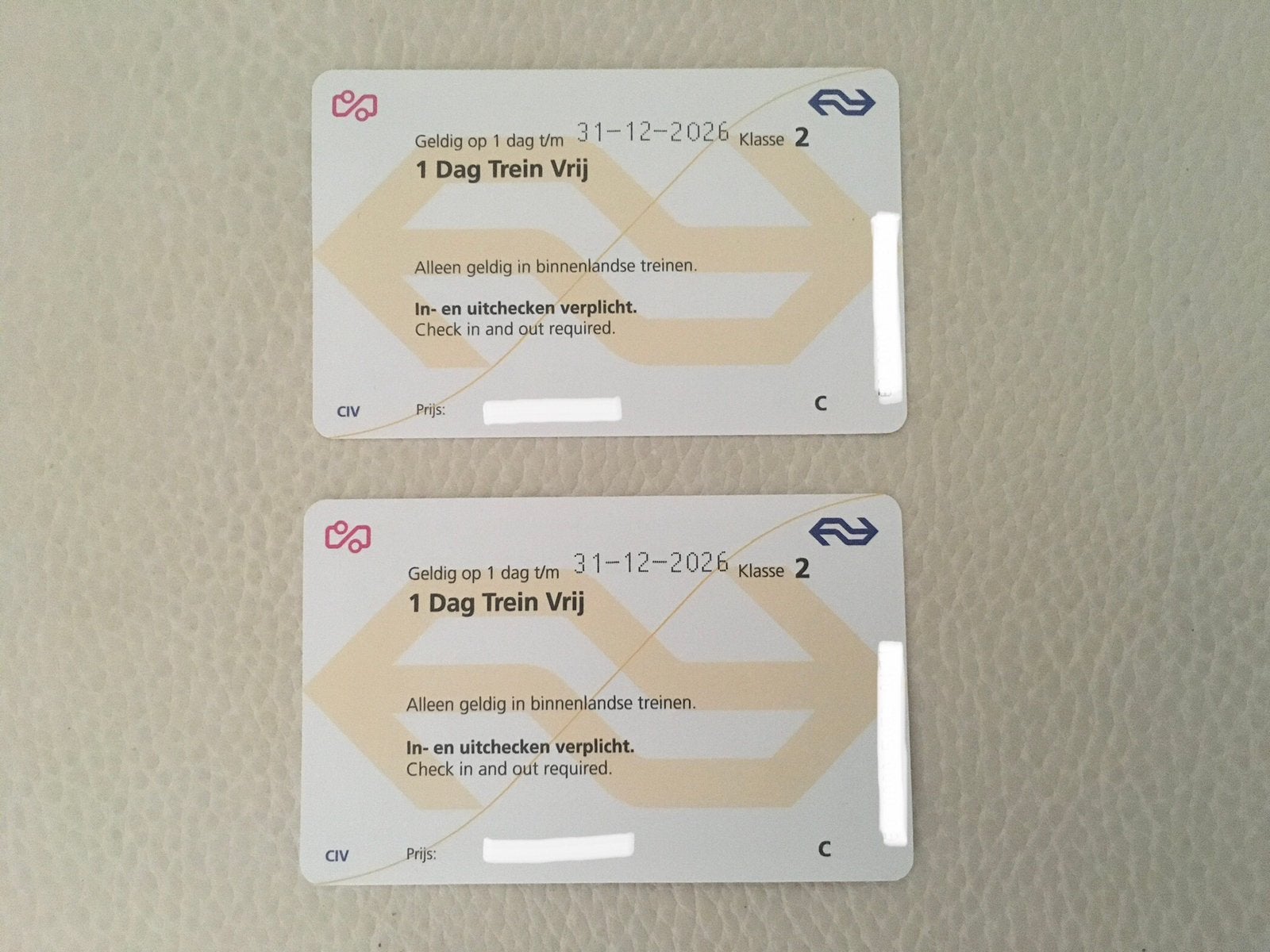 2 x Treinkaartjes. 1 dag trein vrij reizen in Nederland, Tickets en Kaartjes, Trein, Bus en Vliegtuig, Eén persoon, Trein, Nederland