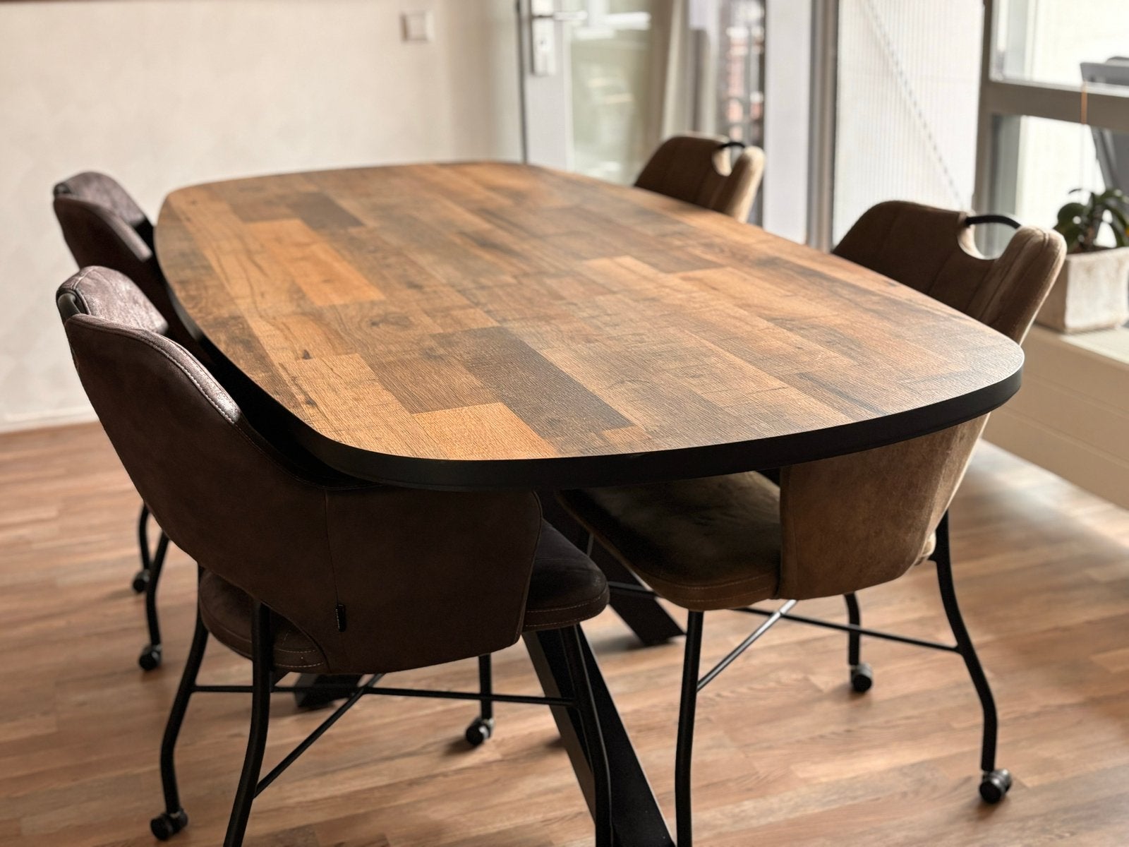 Industriële eettafel 220x98 cm met metalen spinpoot, Ophalen, Gebruikt, 200 cm of meer, 50 tot 100 cm