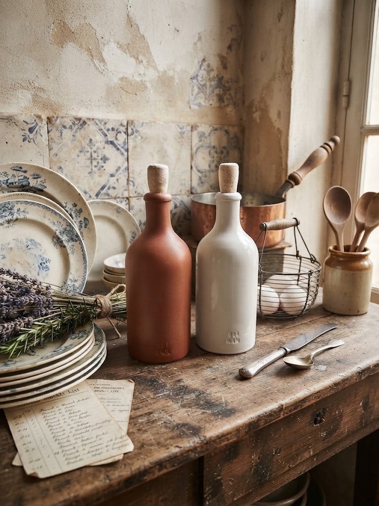 set brocante gres flessen fles M.K.M, Ophalen of Verzenden
