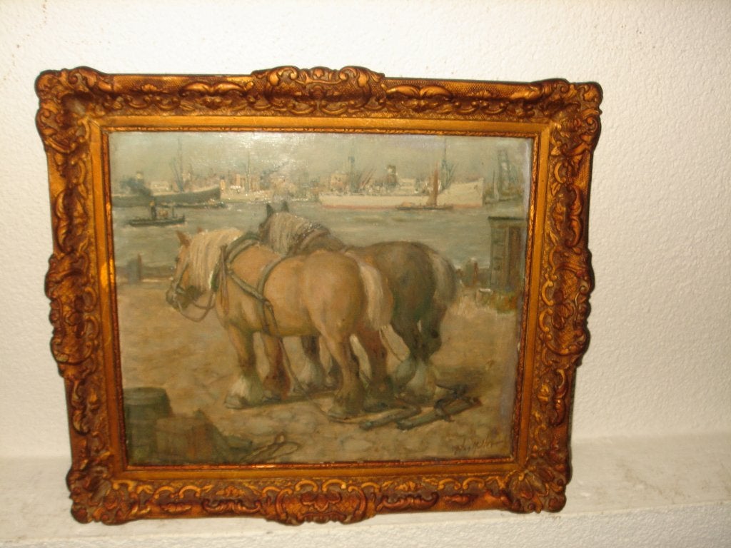 Anton Muller (1887-1979) - Havengezicht met trekpaarden., Paneel, Realistisch, Dieren, Ophalen of Verzenden