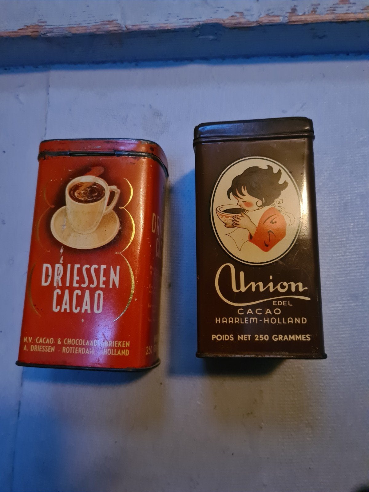 Vintage Cacaoblikken: Driessen & Union (2 stuks), Verzamelen, Ophalen, Gebruikt, Overige, Overige merken