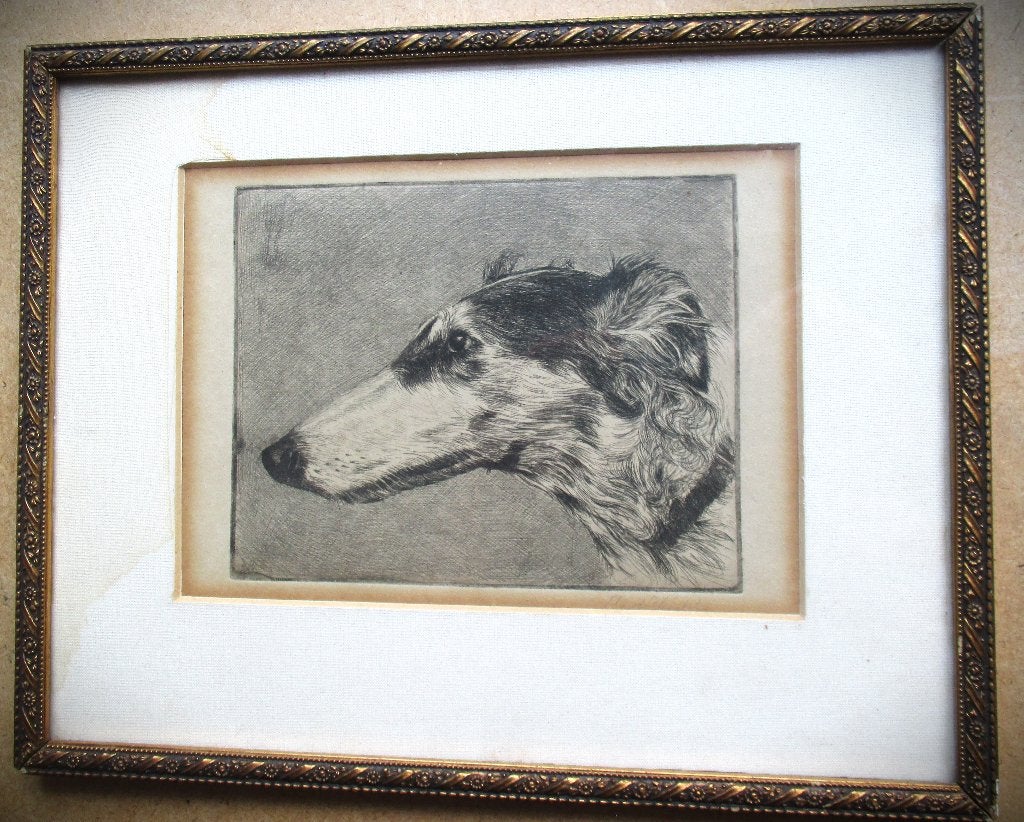 Borzoi Barzoi~Windhond~Ets~Achter Glas~Goud kleur lijst, Dagelijks leven, Ingelijst, Ophalen of Verzenden, 13 cm