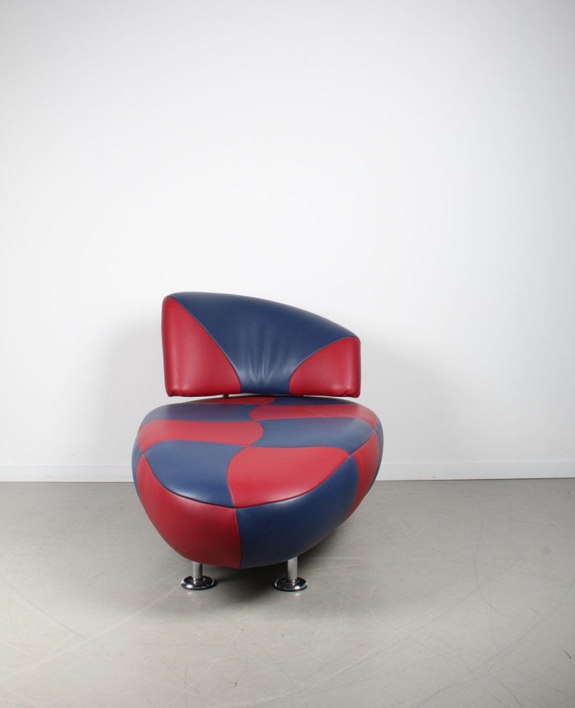 Leolux Kikko Chaise Longue Fauteuil Blauw/Rood Leer, Niet ingevuld, Leolux, Niet ingevuld, Zo goed als nieuw