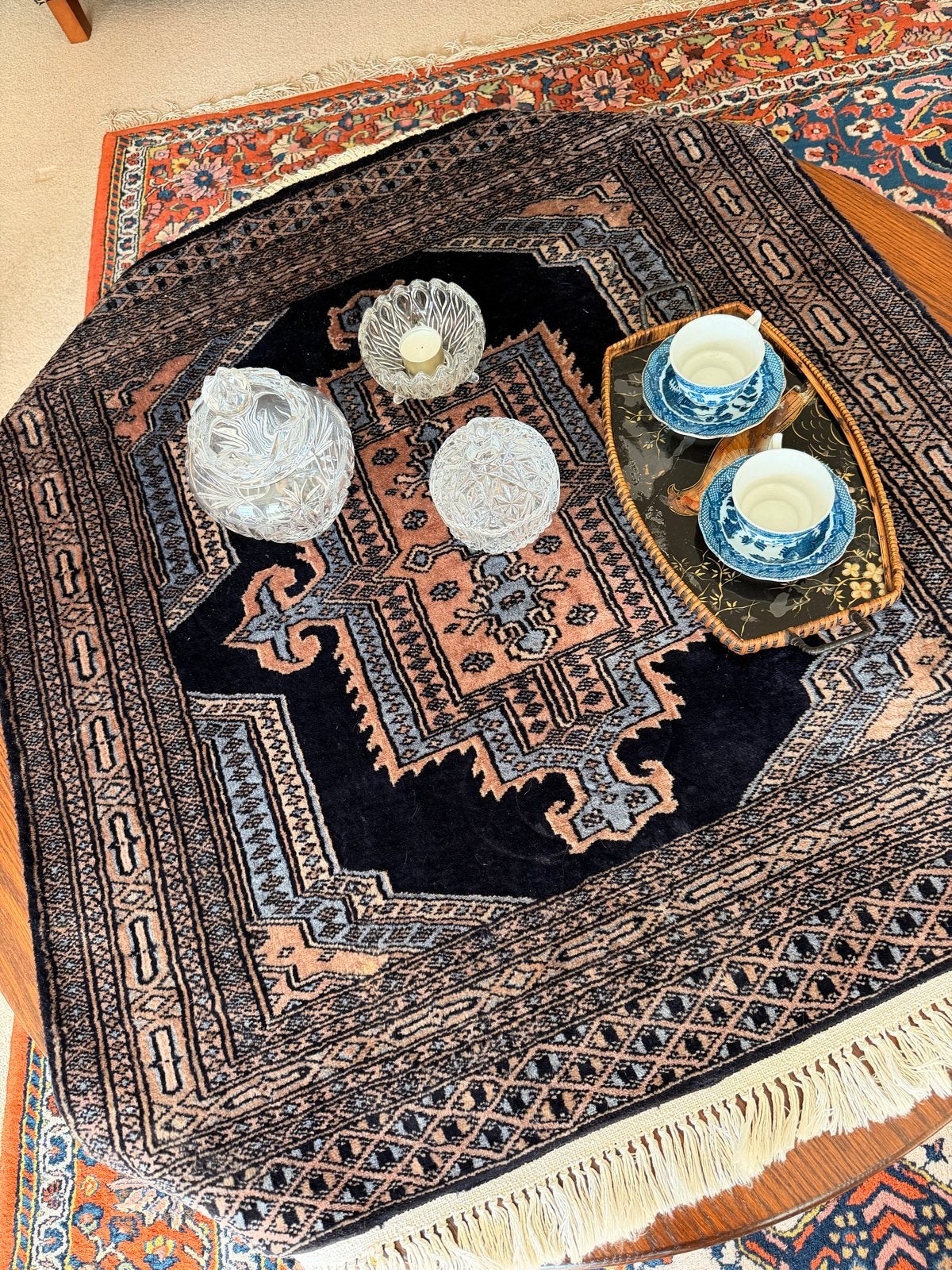 Handgeknoopt Pakistaans Bouchara tapijt 90x100 cm, Blauw, Zo goed als nieuw, Rechthoekig, 50 tot 100 cm
