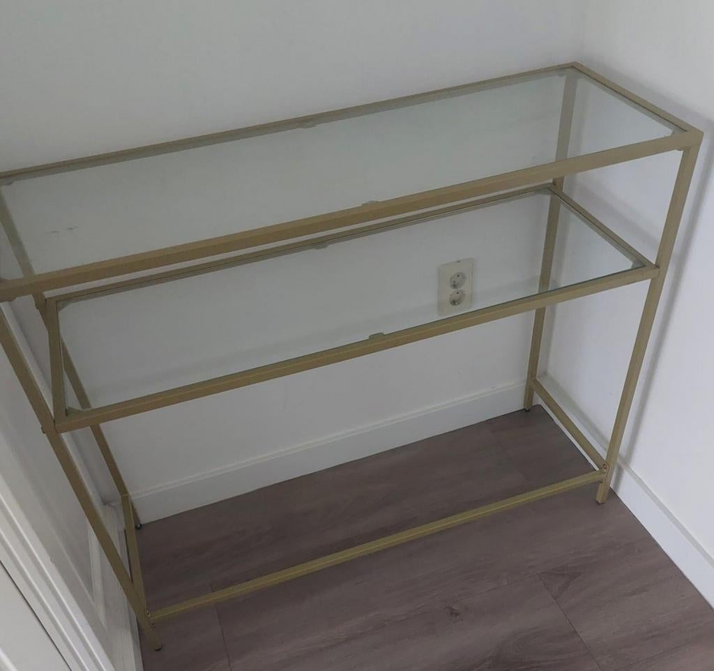 Dressoir met twee glazen planken, Huis en Inrichting, Kasten | Buffetkasten, Ophalen, 50 tot 100 cm, Zo goed als nieuw, 150 tot 200 cm