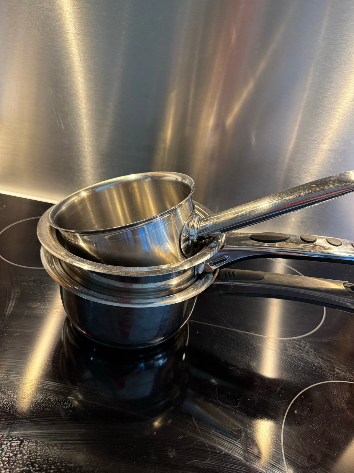 Pannenset RVS - Set van 3 waarvan 1 SIGG pannen, Gebruikt, Met deksel, Pannenset, Ophalen of Verzenden