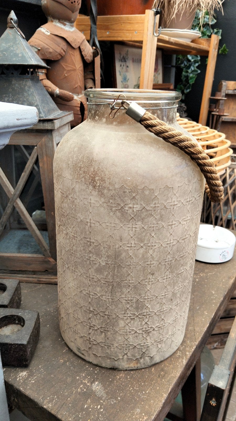 Brocante grote windlicht goudkleurig, Ophalen of Verzenden