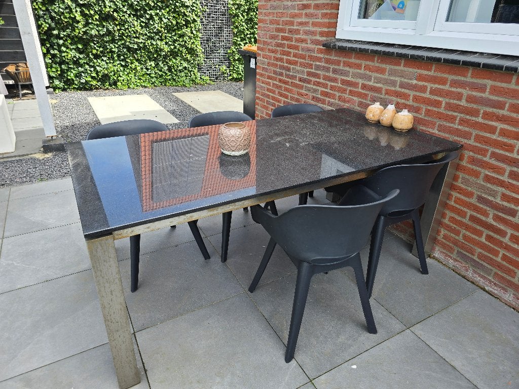 Natuurstenen tafel met RVS onderstel, Tuin en Terras, Ophalen, Gebruikt, Rechthoekig, Overige materialen