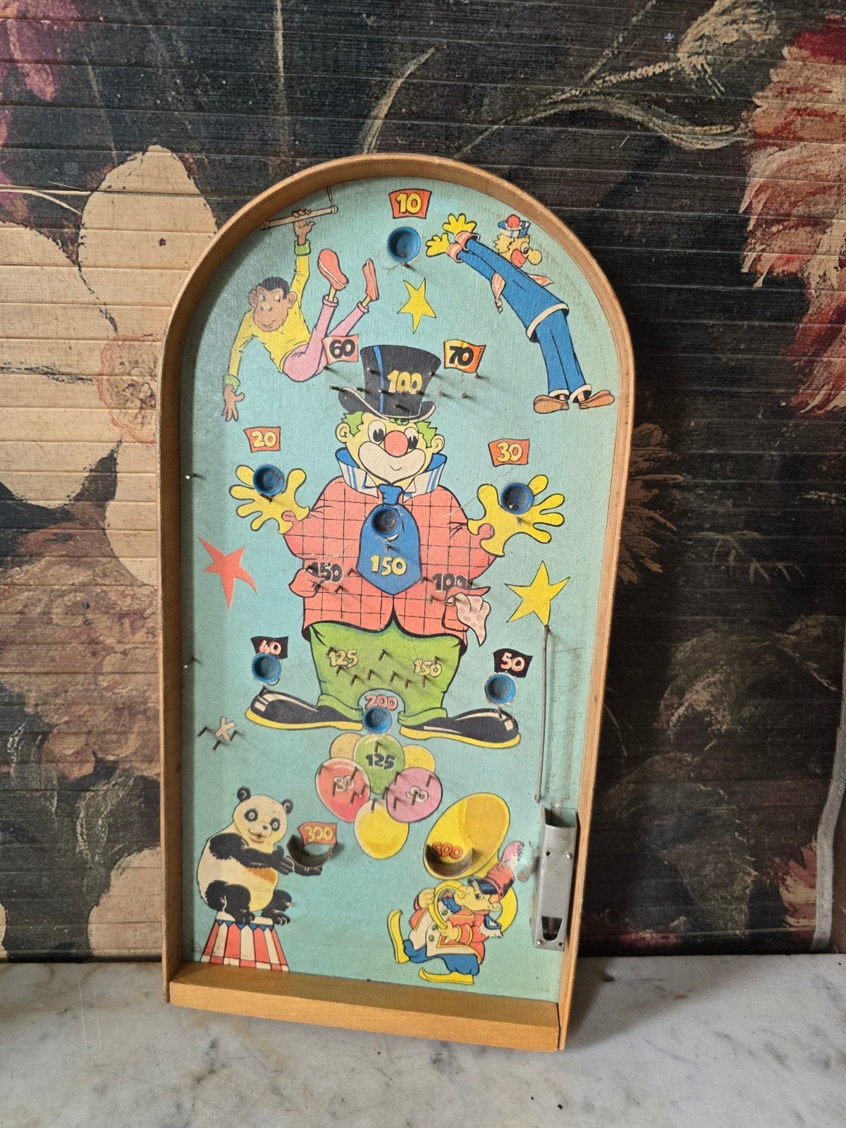 Oud houten knikkerspel flipperspel clown circus, Ophalen of Verzenden