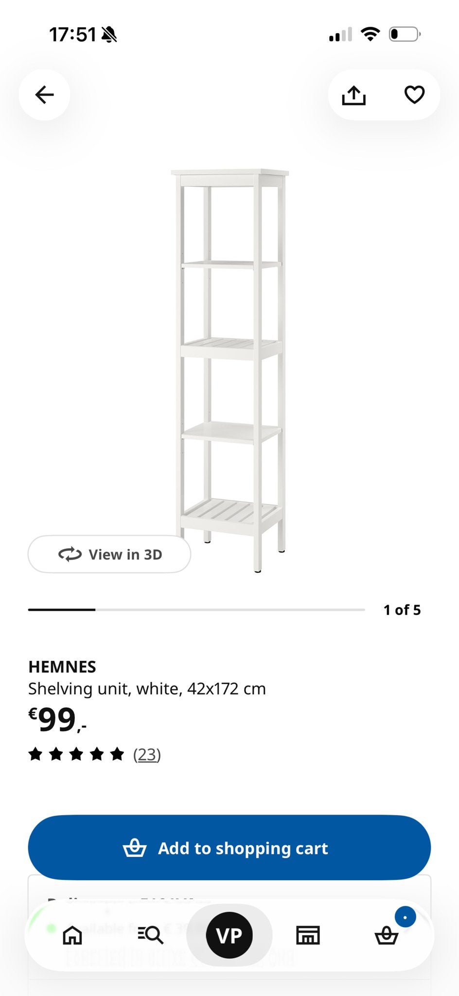 IKEA Hemnes open kast, wit, 42x172 cm, Ophalen, Met plank(en), Minder dan 50 cm, Zo goed als nieuw