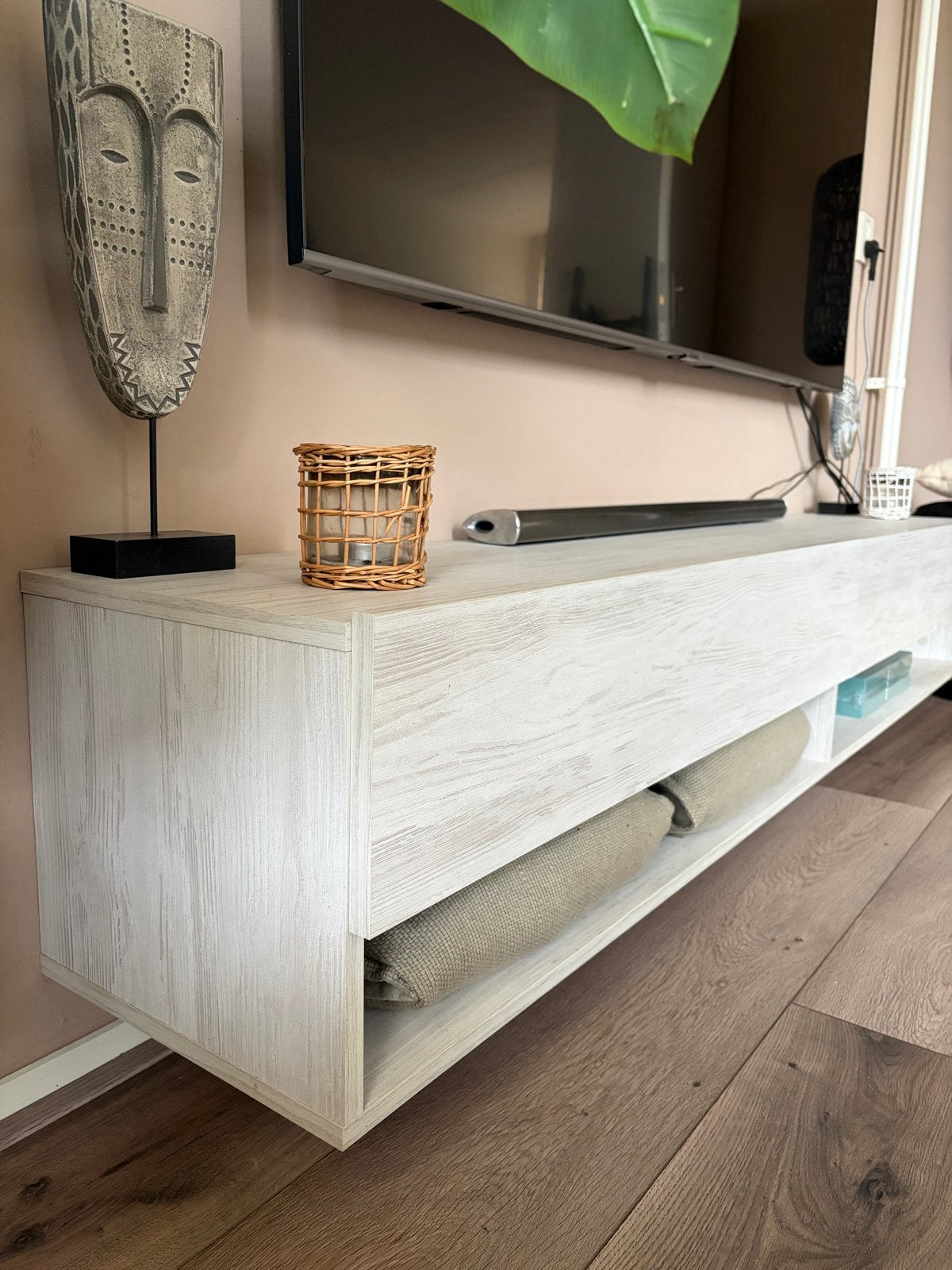 Zwevend TV-meubel - Wit Houtnerf Design (beton look), Ophalen, 150 tot 200 cm, Zo goed als nieuw, Minder dan 100 cm
