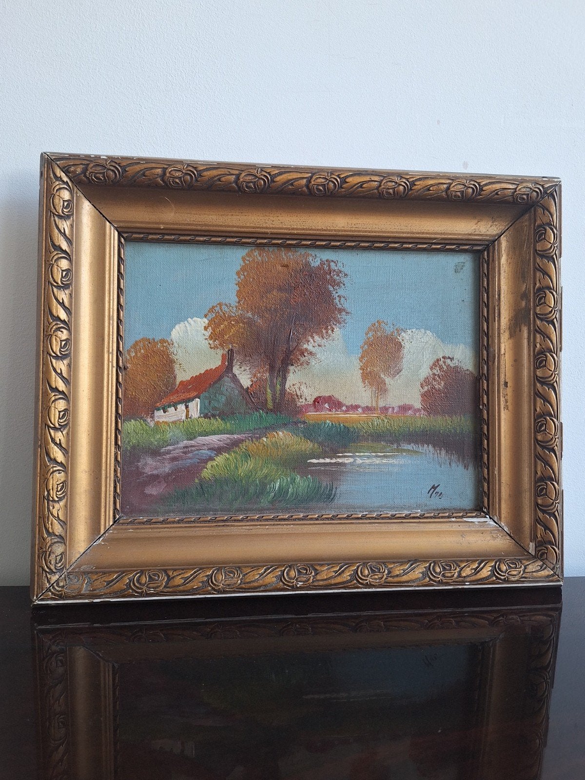 Olieverfschilderij Landschap met huisje en water, Antiek en Kunst, Kunst | Schilderijen | Klassiek, Landschap, Realistisch, Olieverf