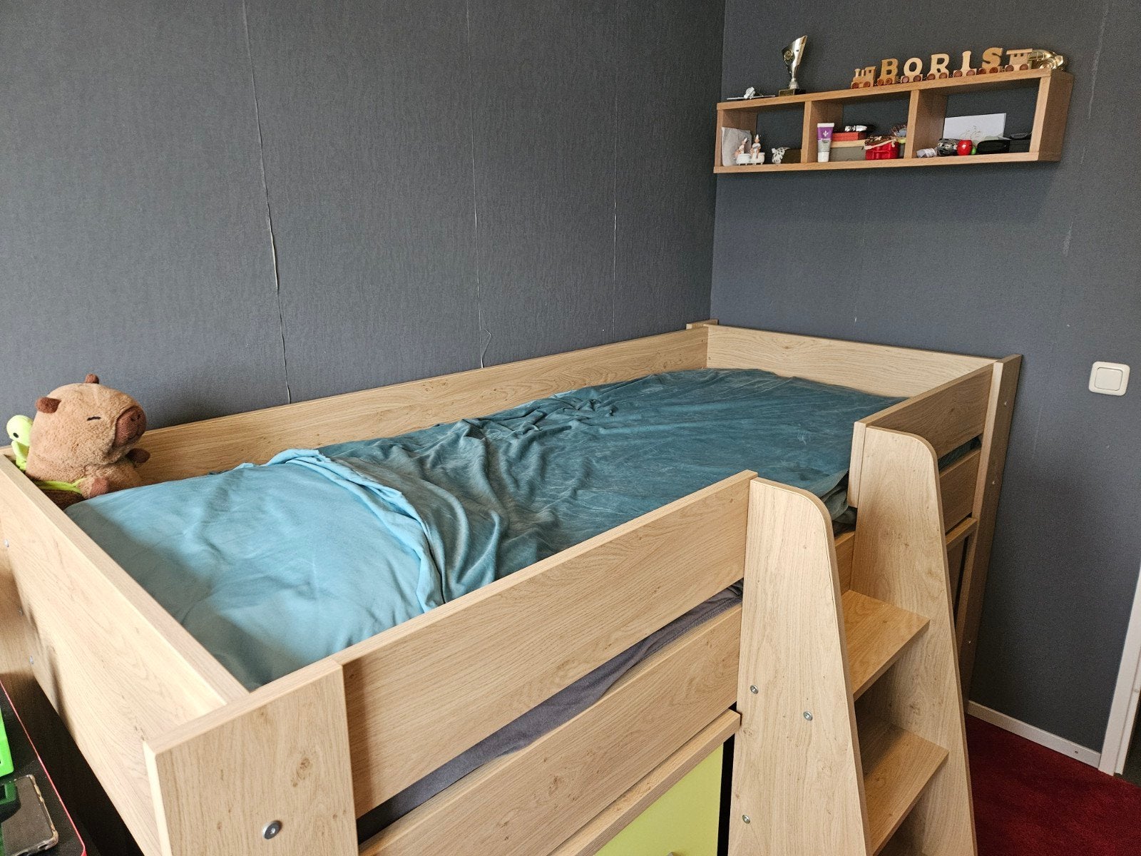 Halfhoogslaper met 2 kastjes met lades en deurtjes en trap, Ophalen, Gebruikt, 90 cm, Eenpersoons
