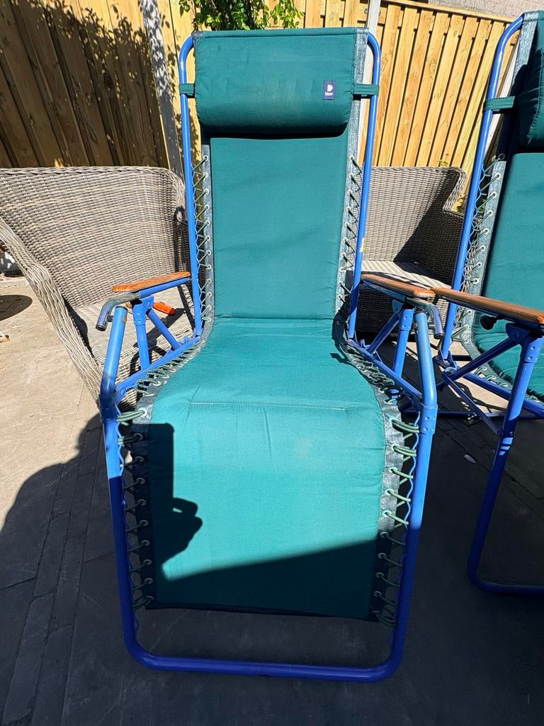 Lafuma Relaxstoel 2x met blauw frame en groen doek, Caravans en Kamperen, Kampeermeubelen, Ophalen, Gebruikt, Campingstoel
