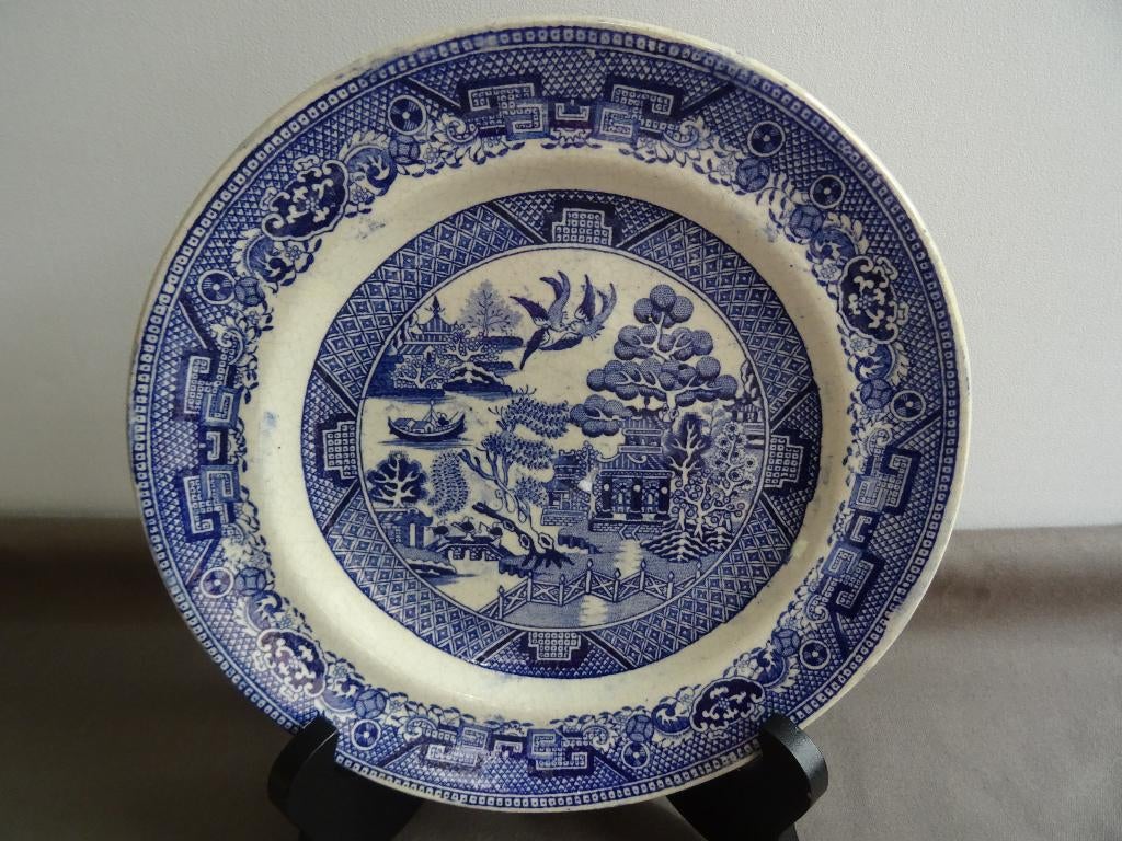 Antiek bord N&O Longton handgeschilderd blauw/wit Japan, Antiek en Kunst, Ophalen of Verzenden