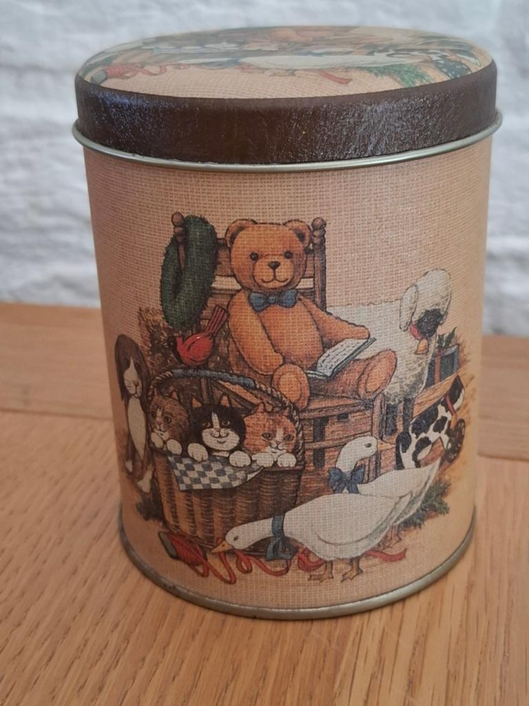 Vintage bewaarblik voorraadblik. Dieren. Beer. Gans. H 11cm, Ophalen of Verzenden, Zo goed als nieuw