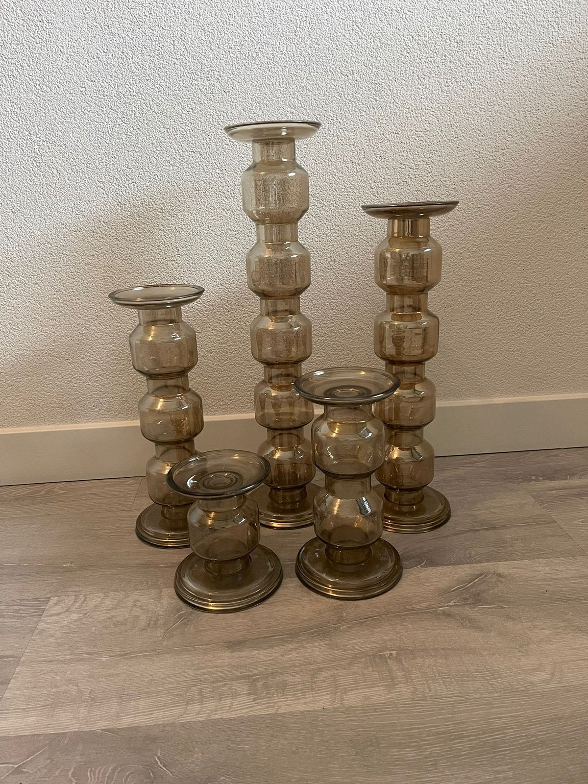 Olive luster roll kandelaars, Antiek en Kunst, Ophalen, Glas