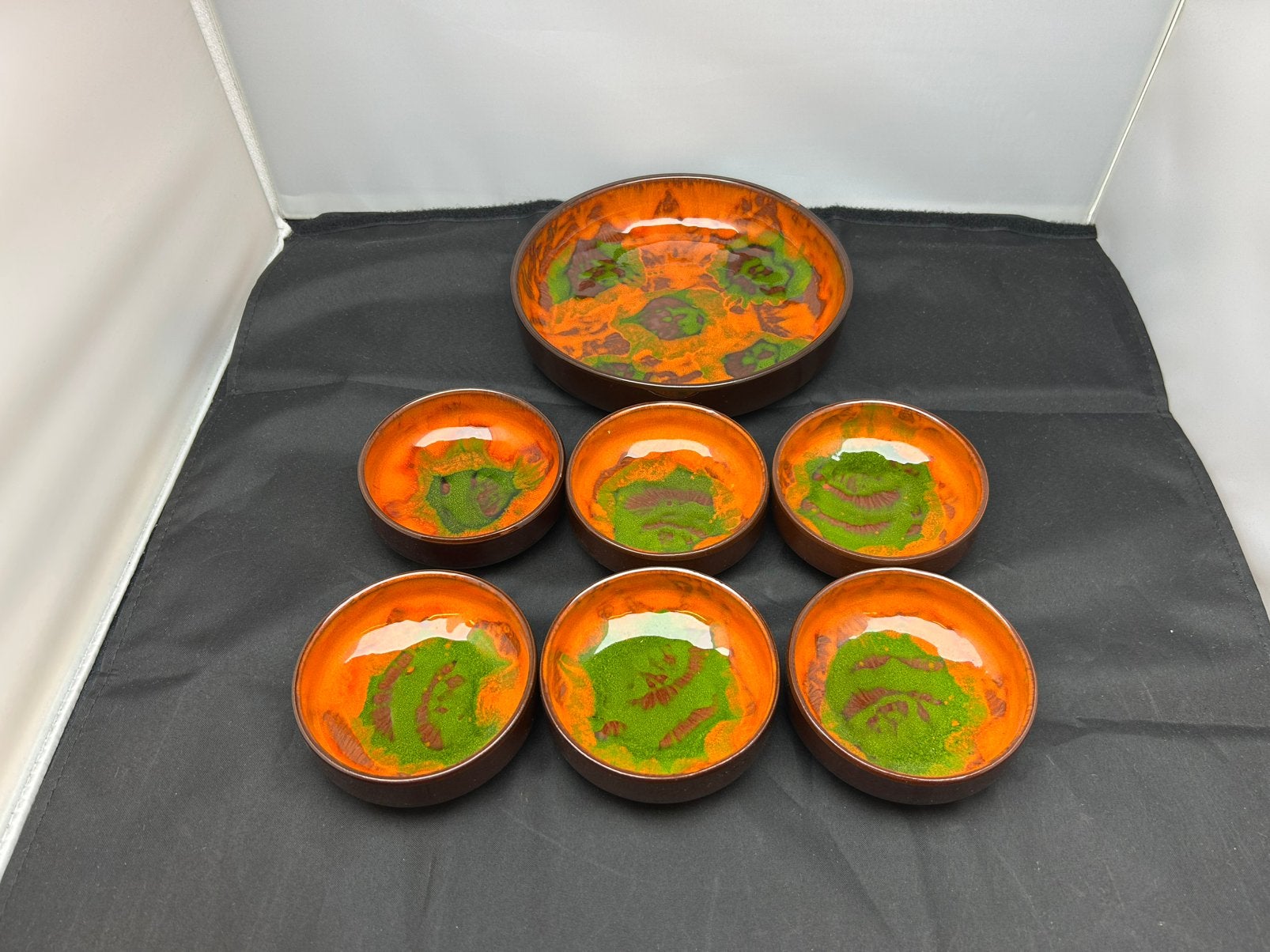 Vintage W-Germany Pindastel Snackset Oranje Groen Jaren 70, Ophalen, Keramiek, Vintage, Schaal of Schalen