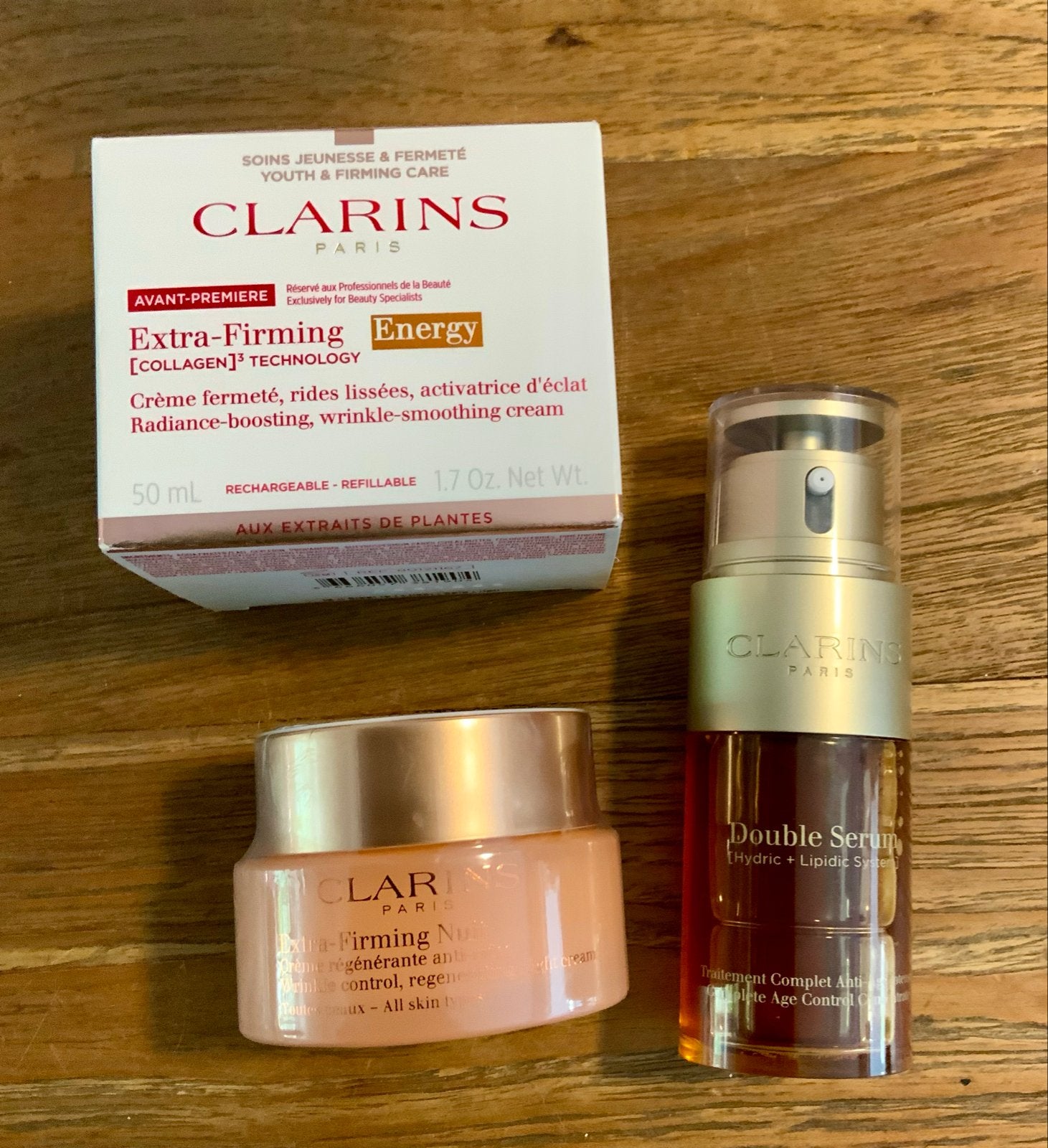 Clarins Huidverzorging Set: Double Serum, Dag- & Nachtcrème, Ophalen of Verzenden, Nieuw, Gehele gezicht, Verzorging