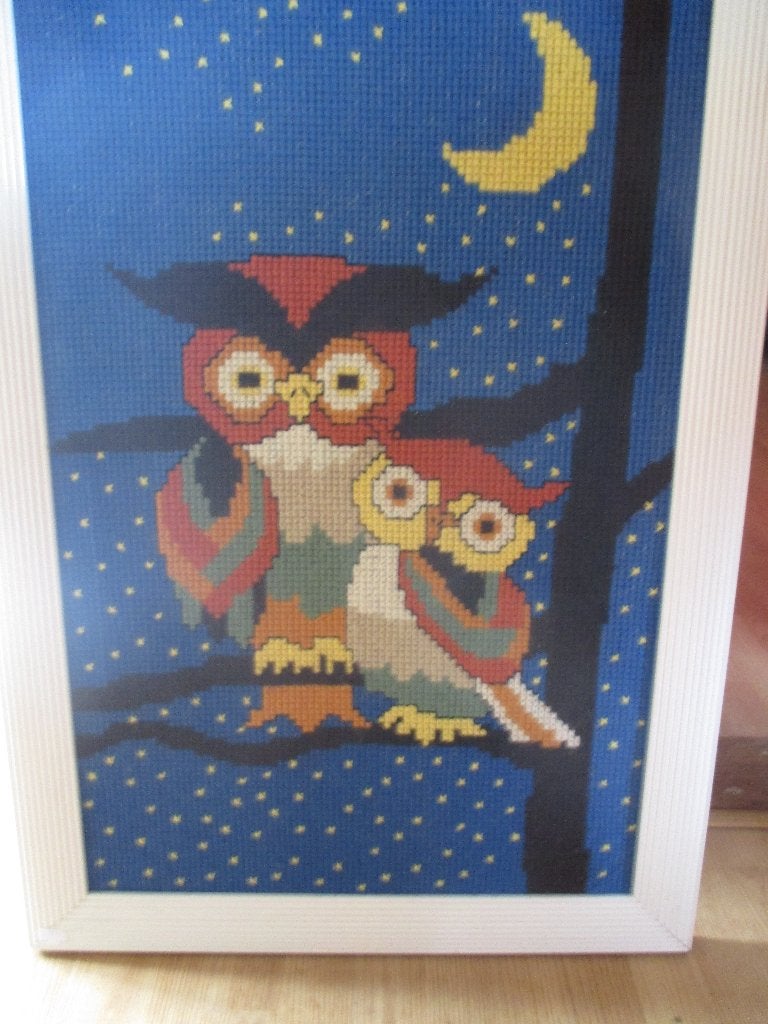 geborduurd schilderij uilen ingelijst jaren 70 design retro, Gebruikt, Overige typen, ?, 75 – 100