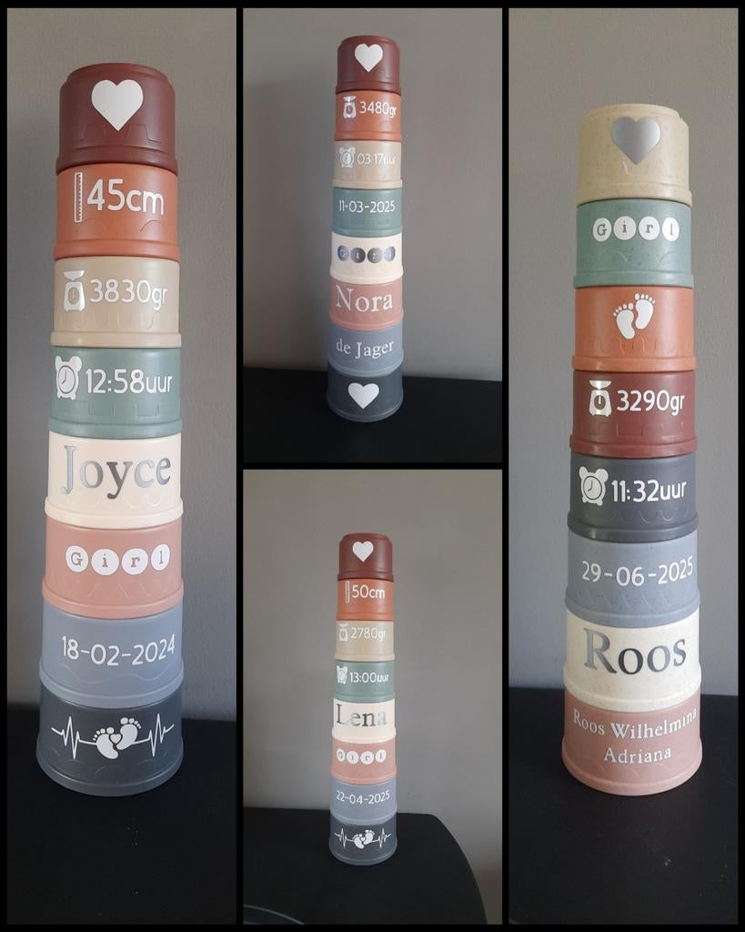 Gepersonaliseerde stapelbekers met geboortegegevens, Kinderen en Baby's, Ophalen of Verzenden, Nieuw, Kraamcadeau
