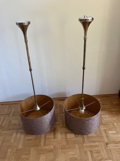 2 stuks hang/plafondlamp messing stang met stoffen kappen, Ophalen, Kunststof, Klassiek, E27 (groot)