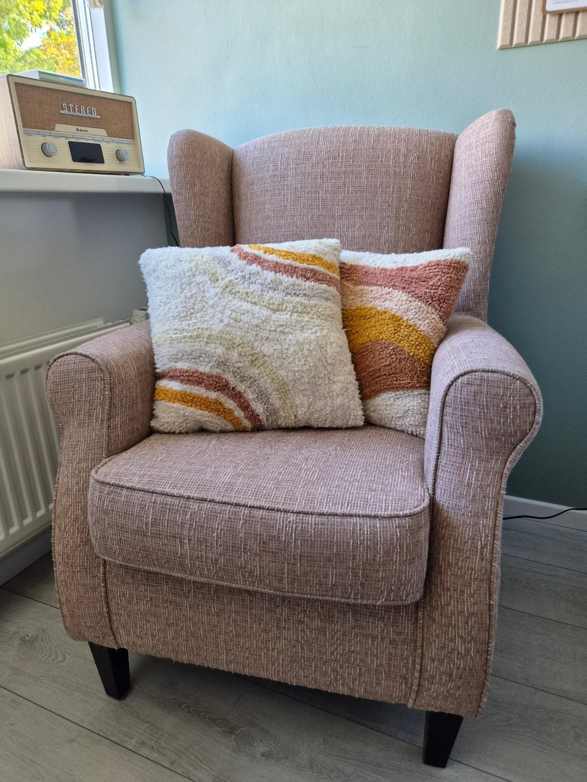 Comfortabele fauteuil stoffen bekleding Beige, Ophalen, Klassiek, Comfortabel, 75 tot 100 cm, Zo goed als nieuw