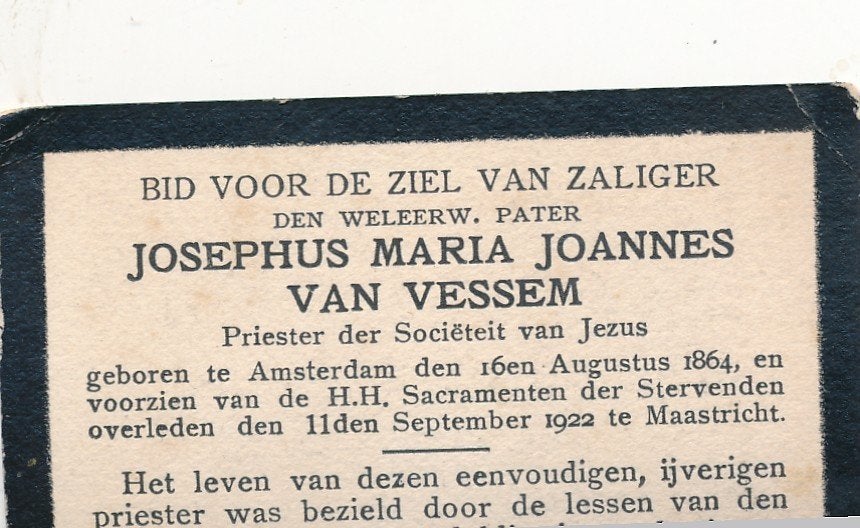 A'dam 1864 - Maastricht 1922 Josephus M. Joannes van Vessem, Verzamelen, Ophalen of Verzenden, Bidprentje