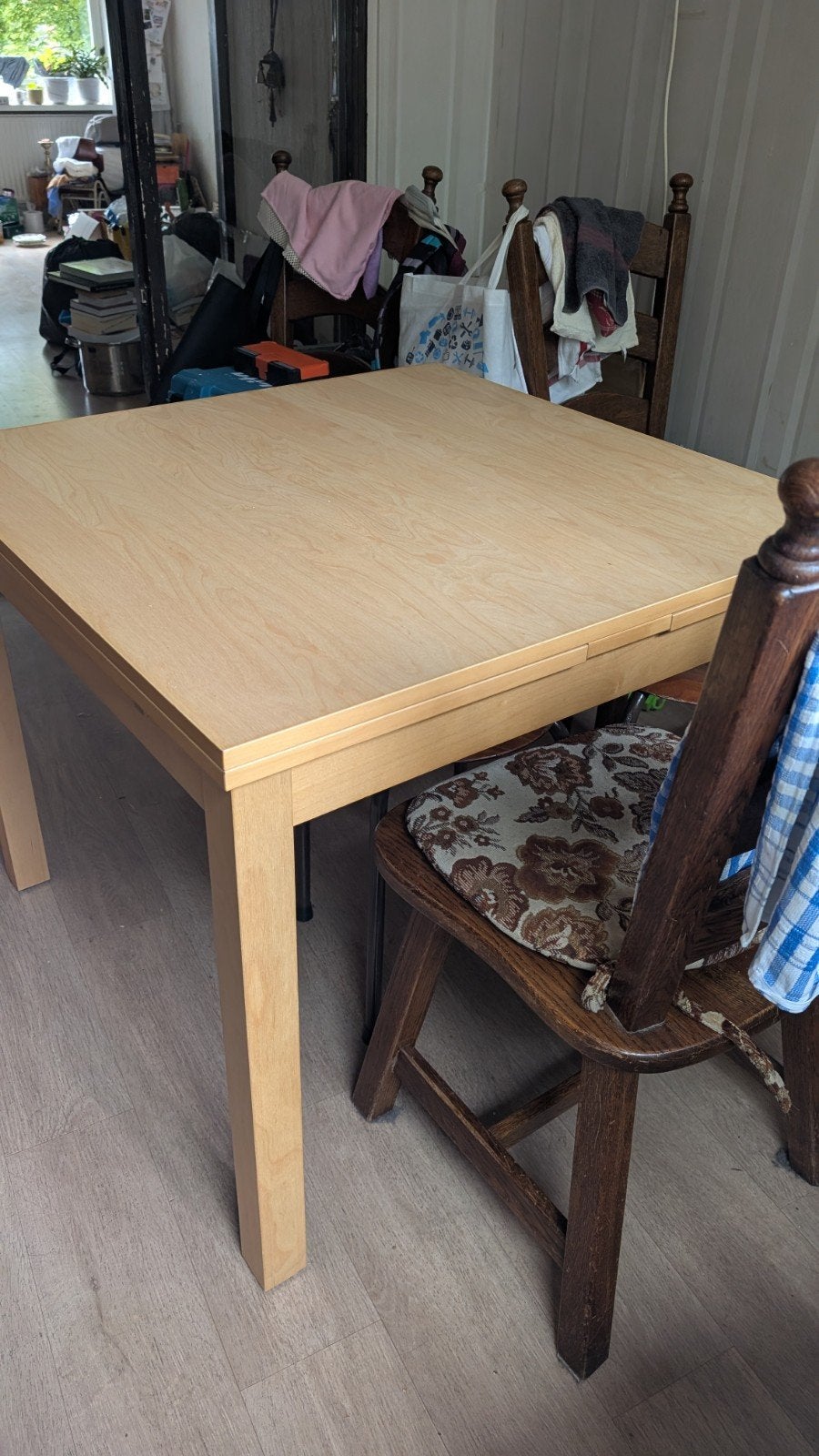 Uitschuifbare eettafel 90x90 cm, uitbreidbaar + 4stoelen, Ophalen, Gebruikt, 50 tot 100 cm, Vierkant