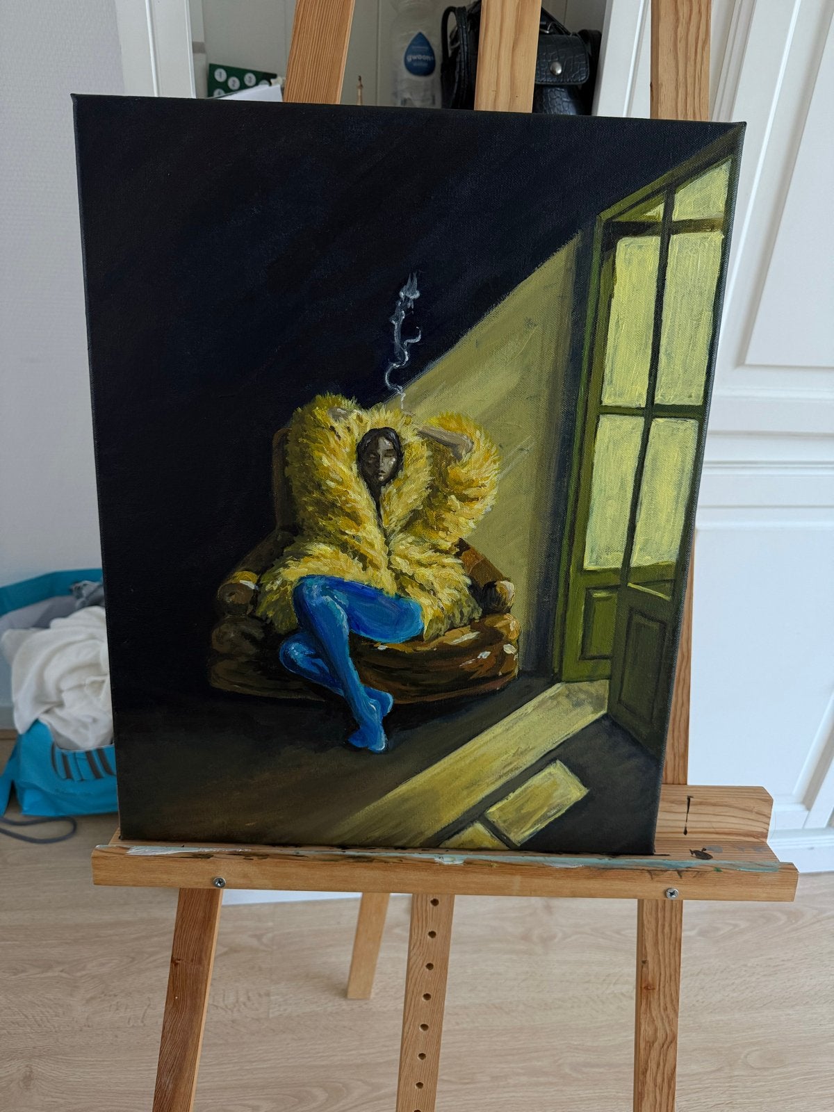 Vrouw in Gele Jas - Modern Schilderij Acryl, Ophalen, Handgeschilderd, Textiel, Figuren
