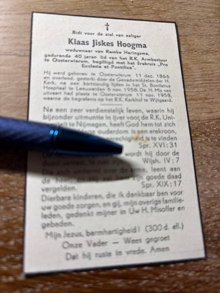 Hoogma Klaas 1866 Oosterwierum 1958 Leeuwarden x Haringsma, Ophalen of Verzenden, Bidprentje