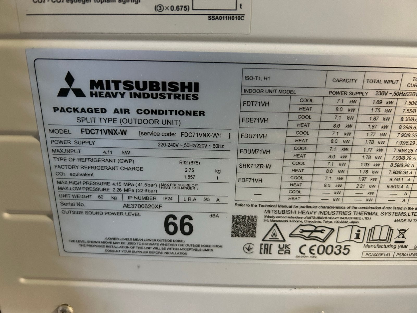 Mitsubishi Heavy Industries Airco Buitenunit FDC71VNX-W, Ophalen, 3 snelheden of meer, Zo goed als nieuw, Energieklasse A of zuiniger