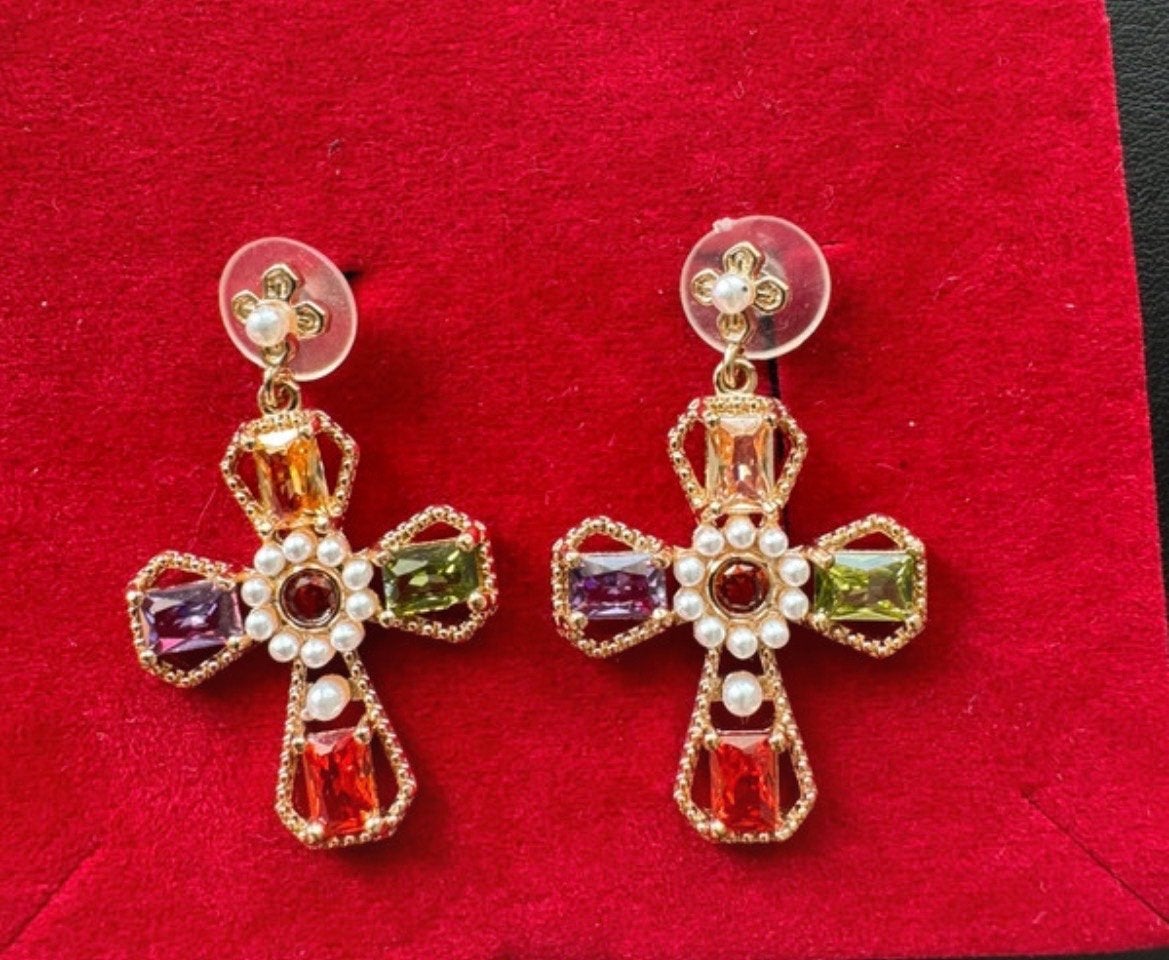 Gouden Kruis Oorbellen met Edelstenen en Parels, Sieraden, Tassen en Uiterlijk, Overige materialen, Hangers, Nieuw, Ophalen of Verzenden