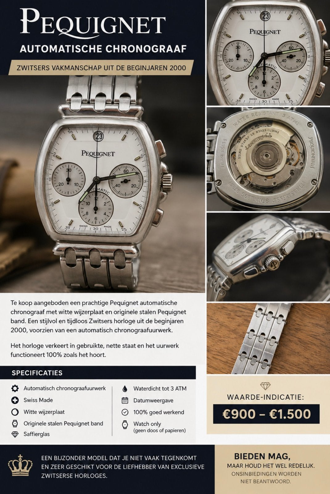 Pequignet Automatische Chronograaf – Swiss Made – jaren 2000, Overige merken, Staal, Met bandje, Polshorloge