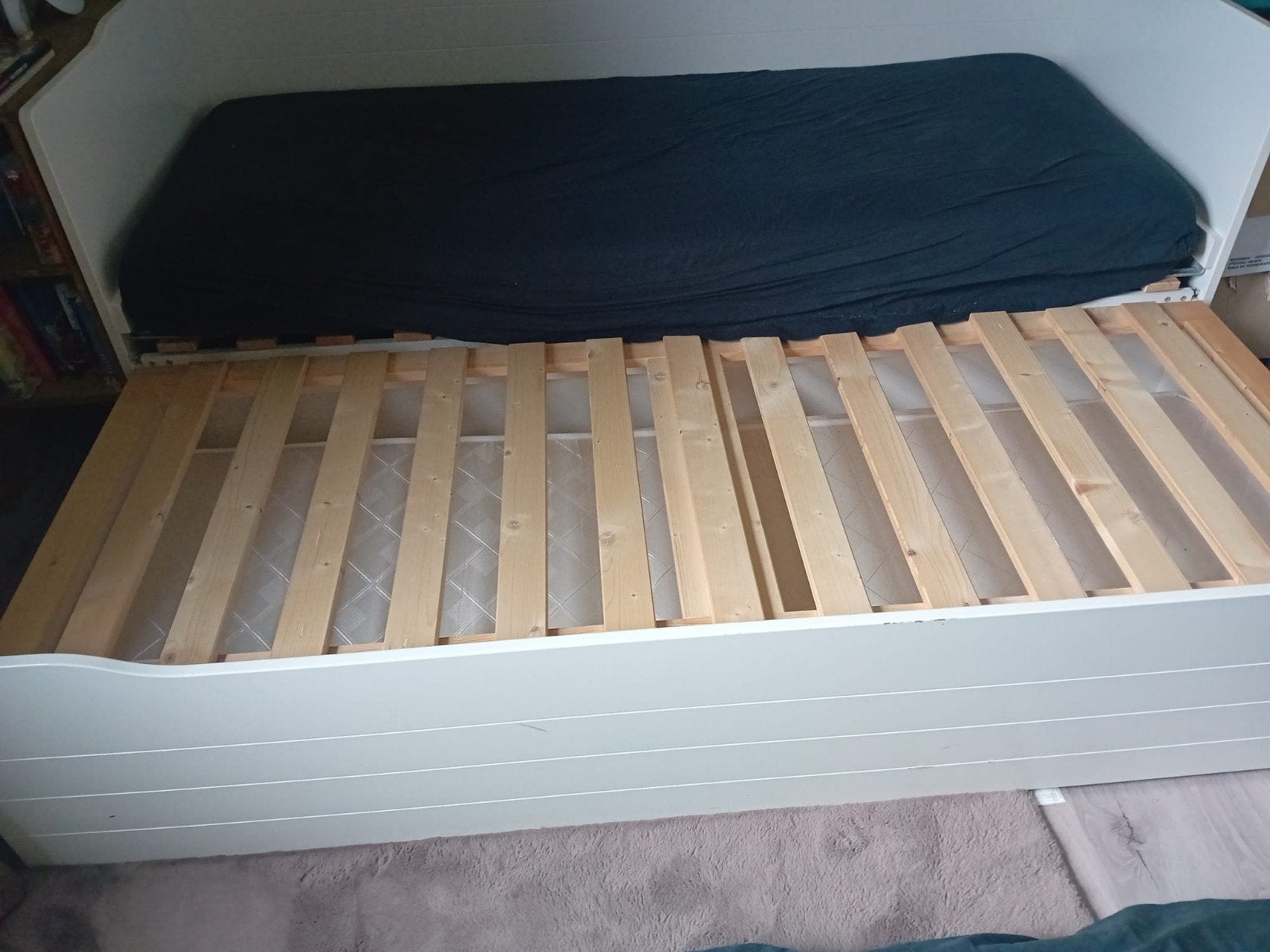Ikea Uitschuifbaar bed met opbergruimte voor matras, Ophalen, 90 cm, Eenpersoons, Wit