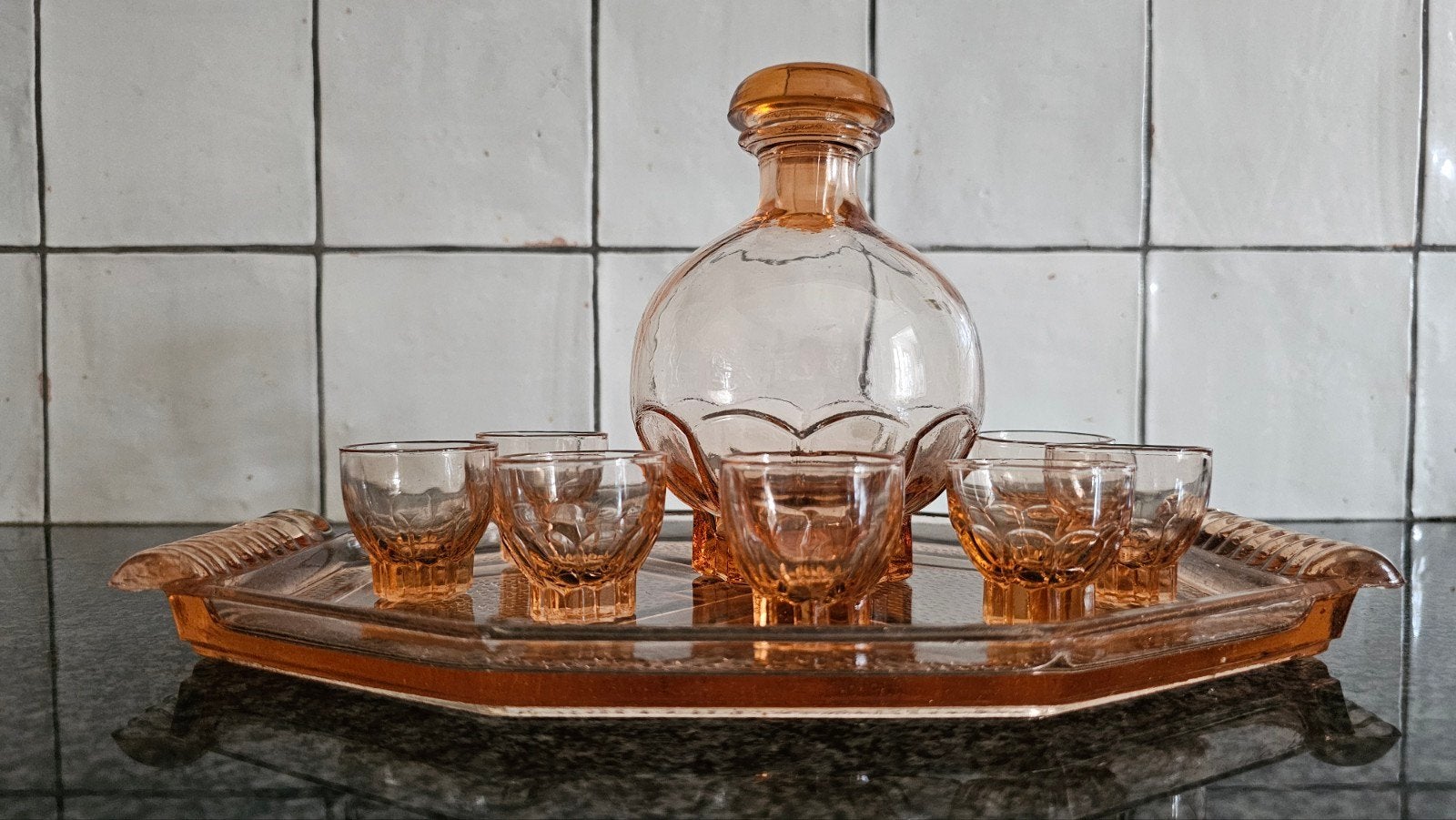 Art Deco Vintage Likeurset Roze Glas Frankrijk, Antiek en Kunst, Antiek | Glas en Kristal, Ophalen of Verzenden