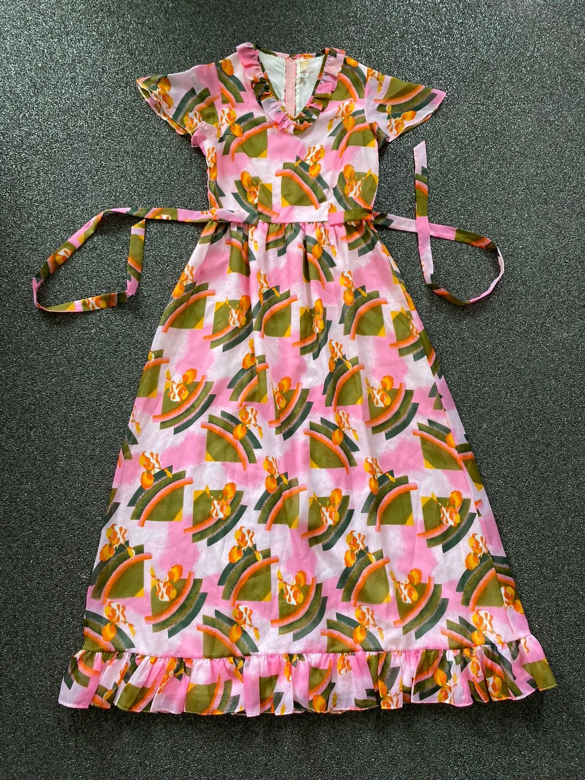 VINTAGE 70s TREVIRA maxi bloemenjurk-S🌸🧡🌸NIEUWSTAAT, Kleding | Dames, Jurken, Zo goed als nieuw, Maat 36 (S), Oranje, Onder de knie