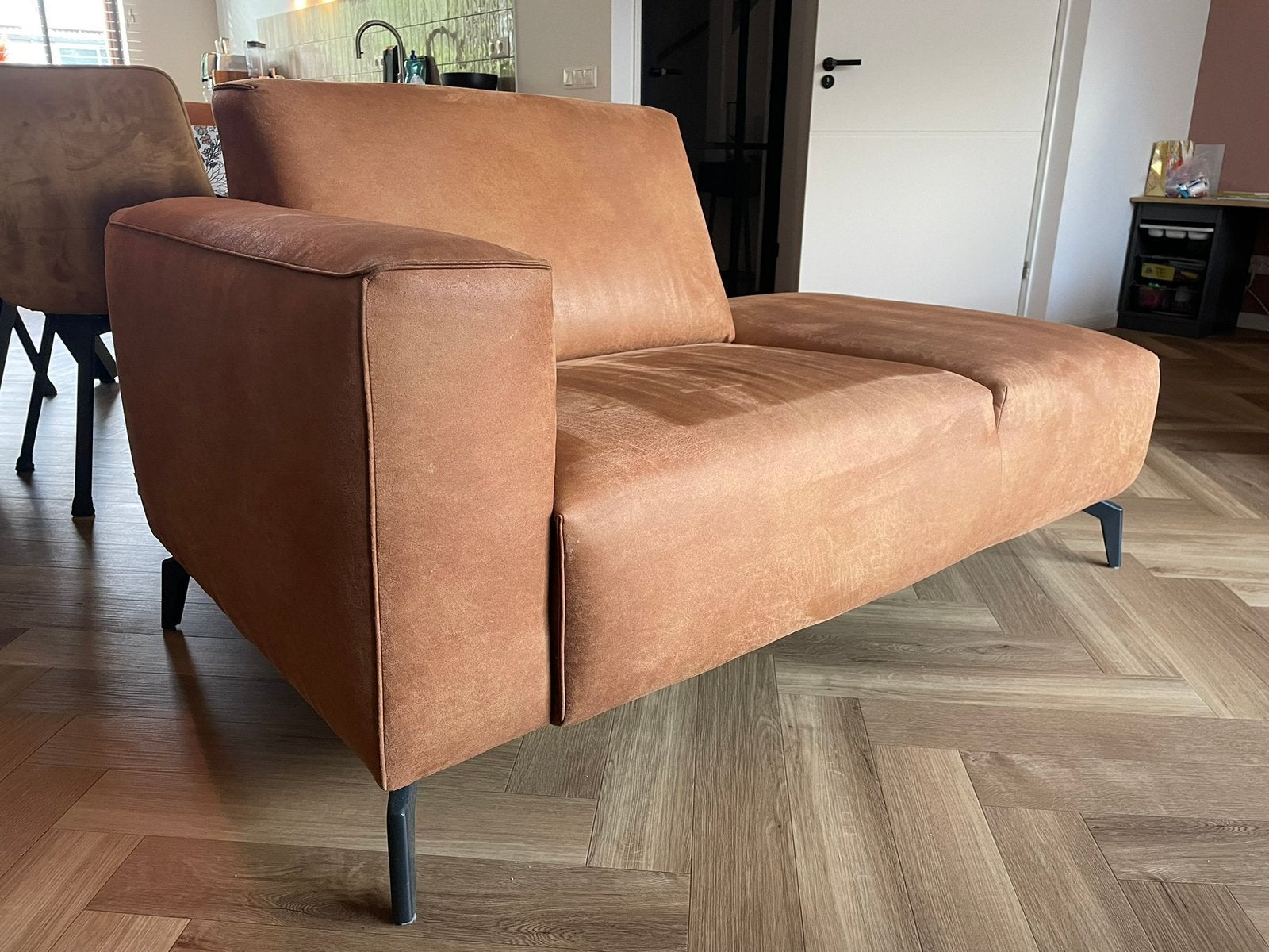 Bank cognac leer - luxe loungebank in topstaat, 150 tot 200 cm, Tweepersoons, Ophalen of Verzenden, Zo goed als nieuw