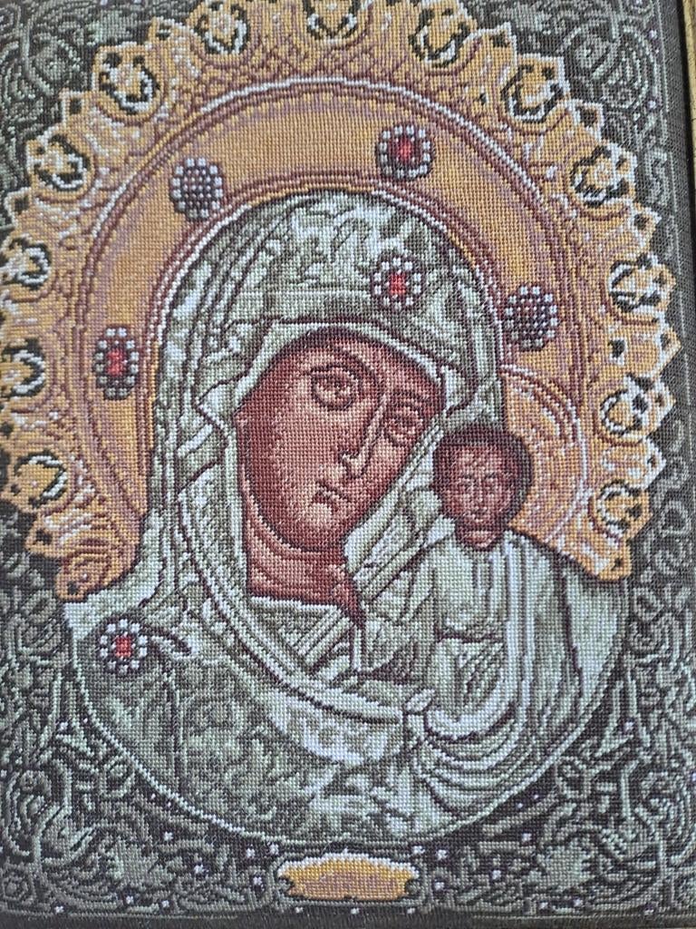Vintage geborduurde afbeelding icoon Maria met kind., Ophalen of Verzenden