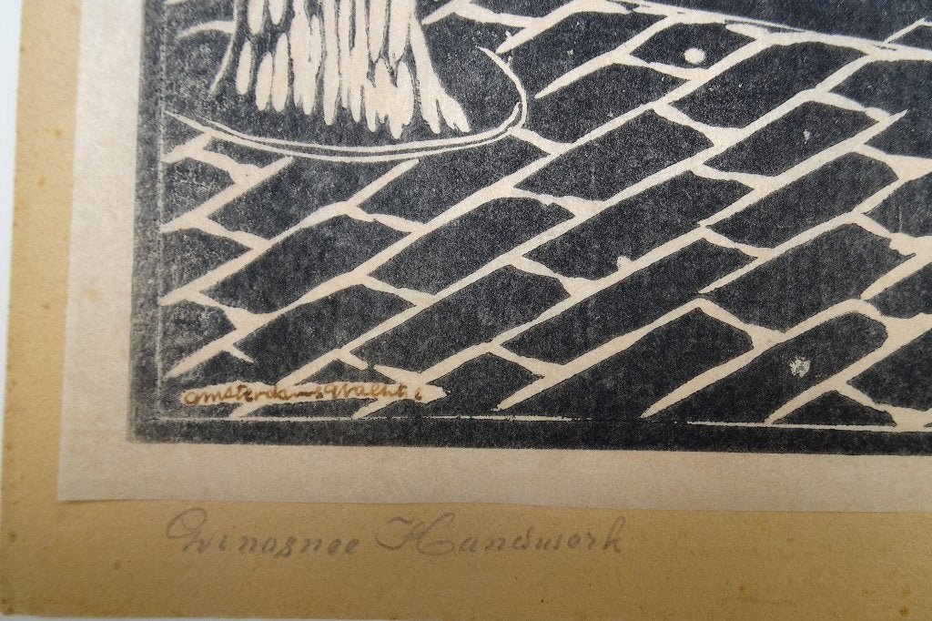 linosnede Amsterdamse gracht met boot, monogram LS, jaren 30, Ophalen of Verzenden, Overige technieken, Origineel