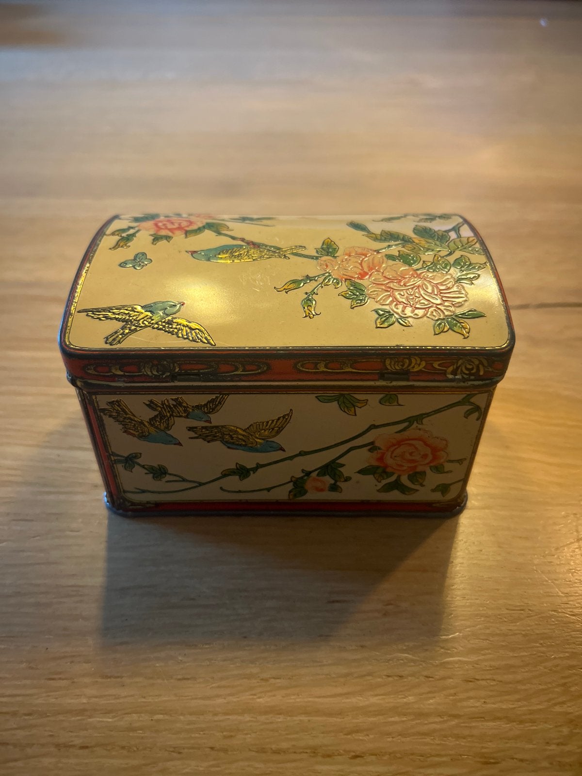 Vintage blikken doos met vogel- en bloemmotief, Ophalen of Verzenden