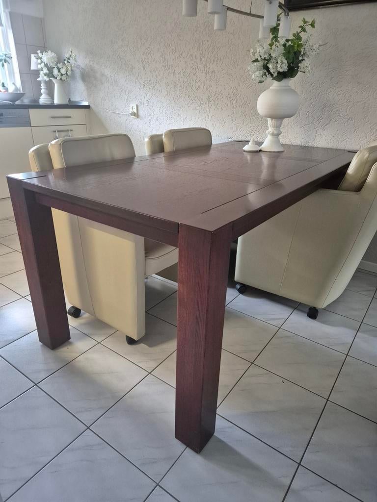 Eethoek kersenhout met 4 leren stoelen en hanglamp, Ophalen, Gebruikt, Klassiek, Tijdloos, 4 tot 6 stoelen