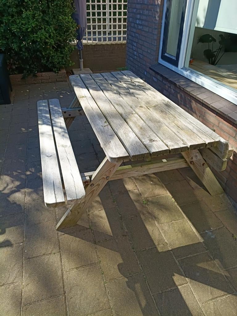 Picknicktafel met opklapbare bankjes en kussens, Tuin en Terras, Picknicktafels, Ophalen, Gebruikt, Rechthoekig, Hout