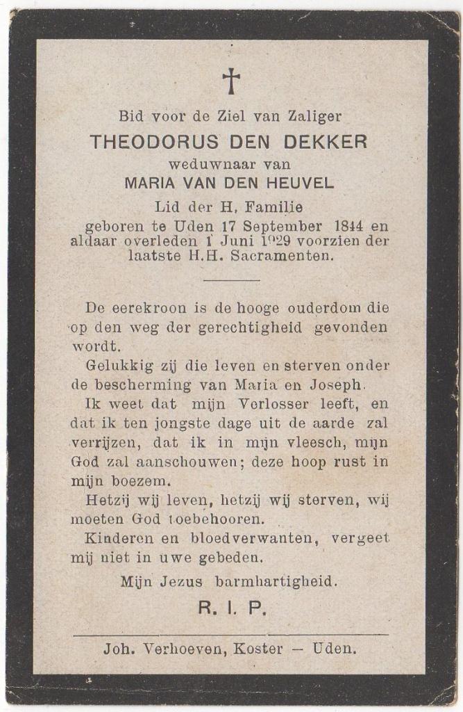 Theodorus den Dekker 1844 Uden + 1929 Uden, 84 jaar oud, Verzamelen, Bidprentjes en Rouwkaarten, Verzenden