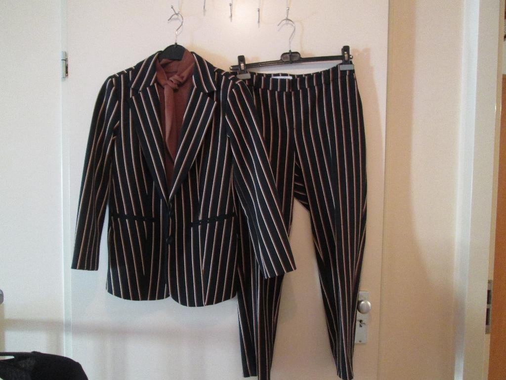 Dames Broekpak Bruin gestreept met bruin shirt Maat M, Maat 38/40 (M), Kostuum of Pak, Bruin, Ophalen of Verzenden