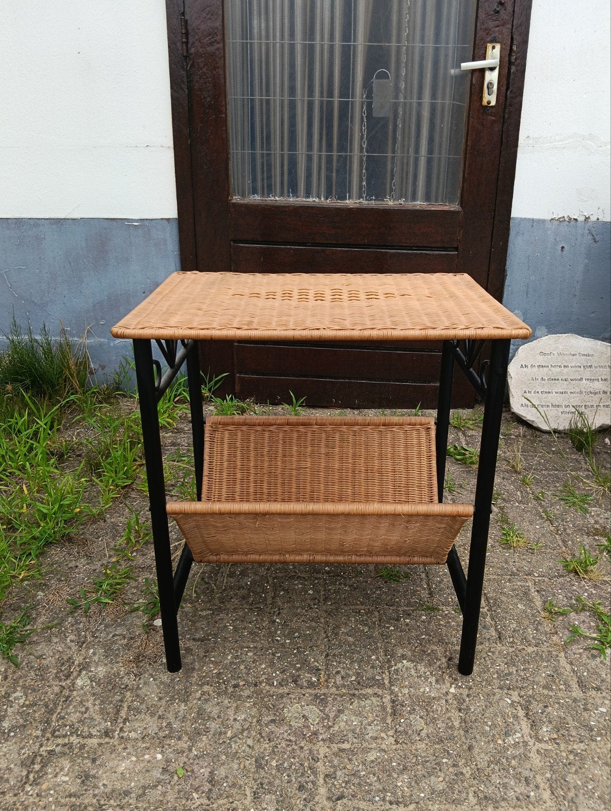 Bijzettafel van riet en metaal, Minder dan 55 cm, Gebruikt, Metaal of Aluminium, Vierkant