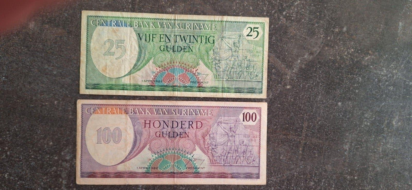 Suriname 25 + 100 gulden 1982 ( Moeilijke jaren )., Ophalen of Verzenden, Zuid-Amerika