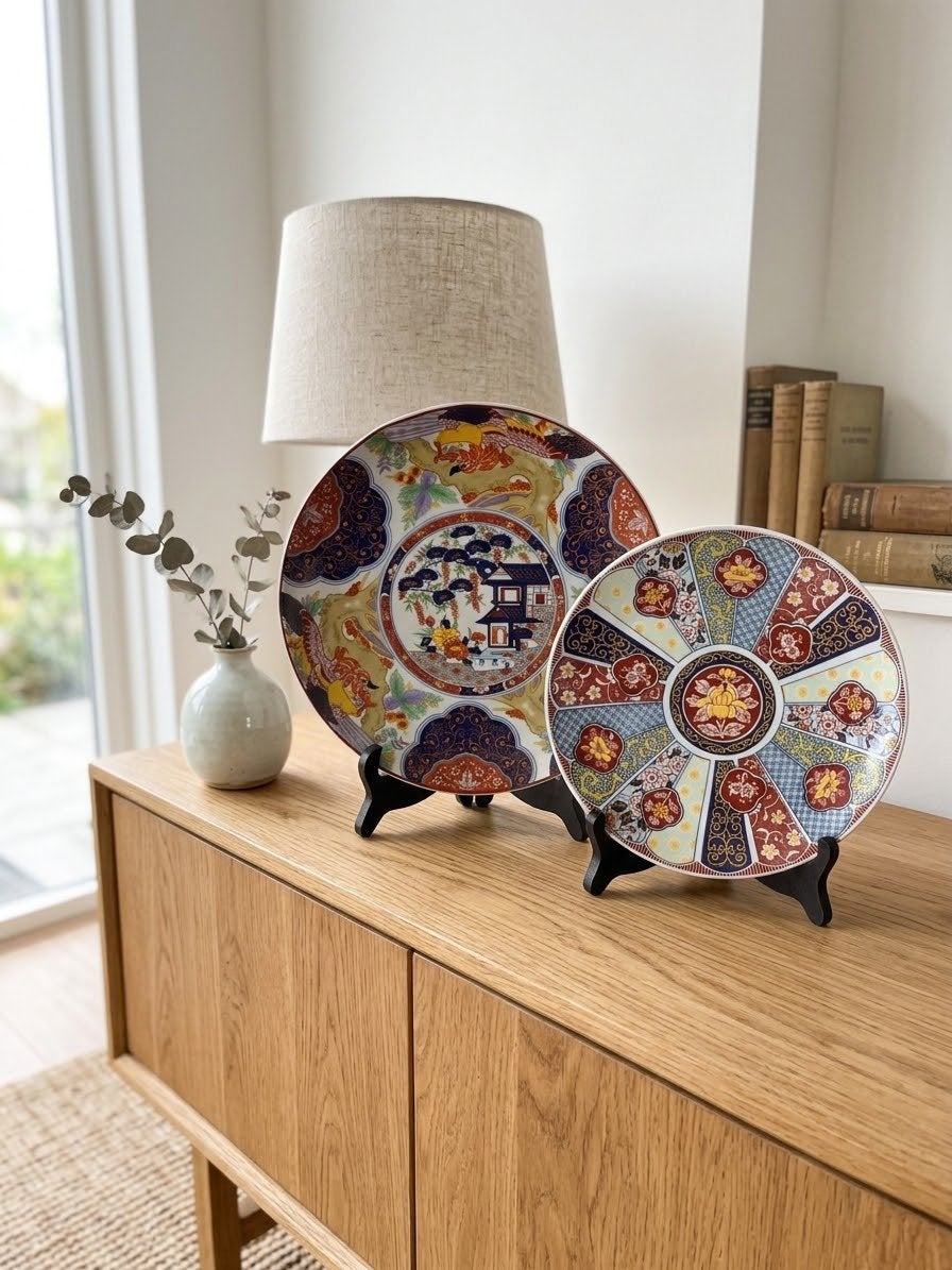 Set van 2 decoratieve sierborden Imari-stijl incl standaards, Antiek en Kunst, Ophalen of Verzenden